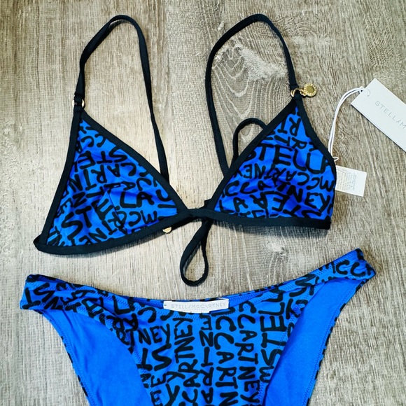 Stella McCartney**Blue/ Black Logo High Leg Bikini Set***Small $585 NWT - Picture 2 of 5